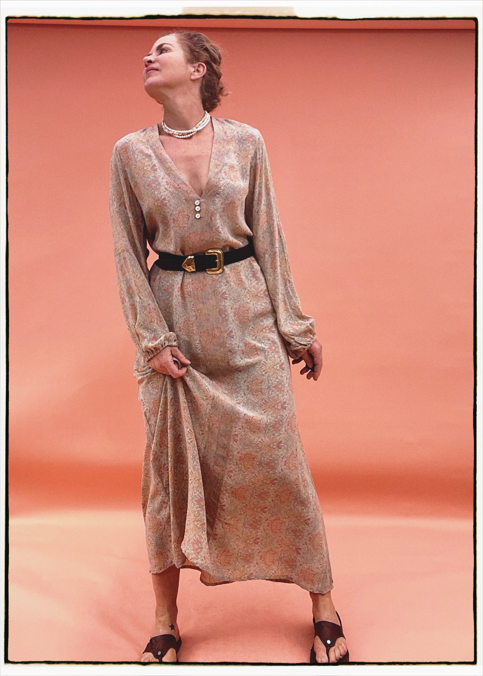 Zea Silk Crepe Kaftan Maxi Dress ~  Pearl XL