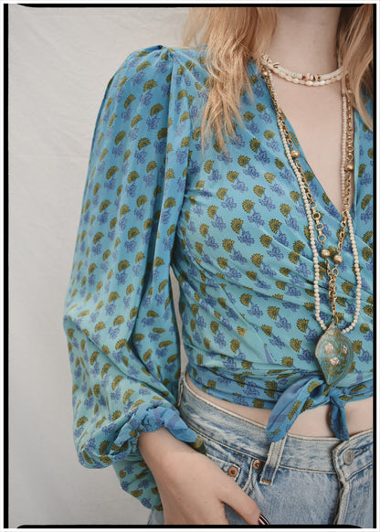 Hoya Silk Crepe Balloon Sleeve Wrap Top ~ Saxony XS