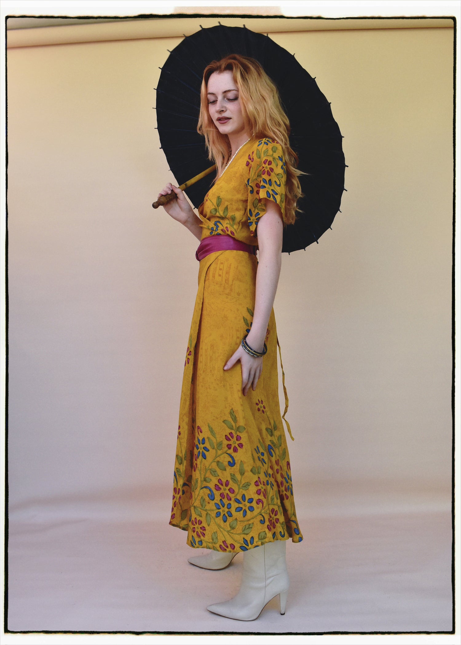 Liatris Silk Crepe Flutter Sleeve Wrap Dress ~ Marigold S