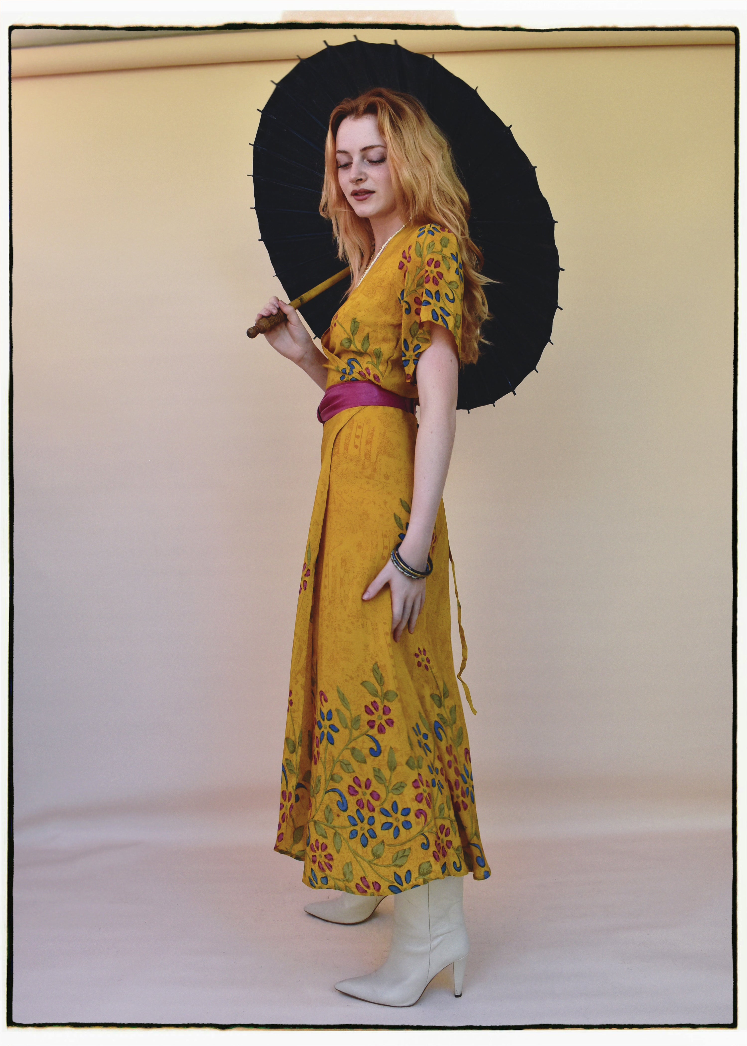 Liatris Silk Crepe Flutter Sleeve Wrap Dress ~ Marigold S