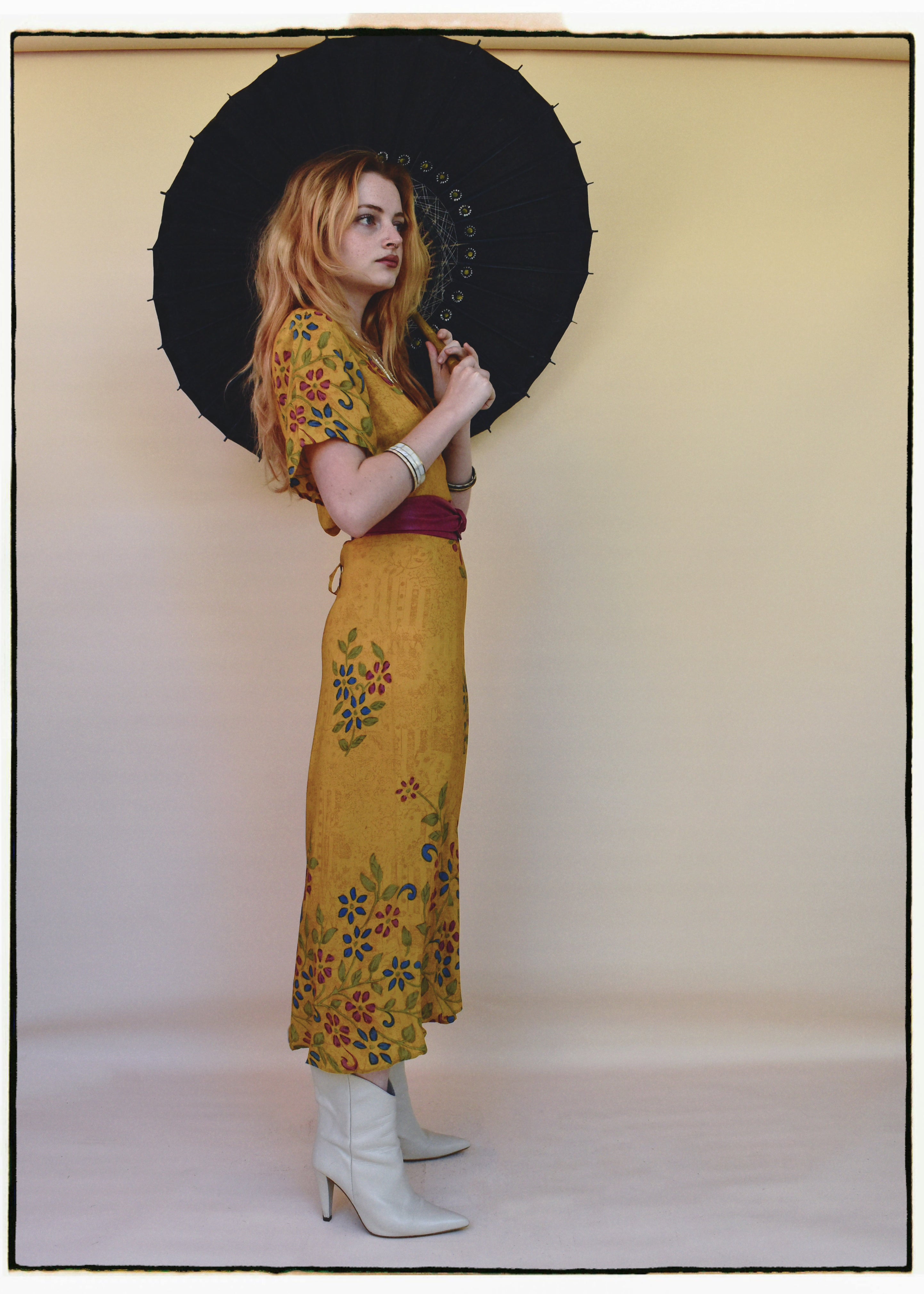 Liatris Silk Crepe Flutter Sleeve Wrap Dress ~ Marigold S