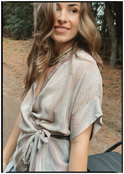 Bassia Silk Crepe Cross Tie Front Blouse ~ Oyster XL