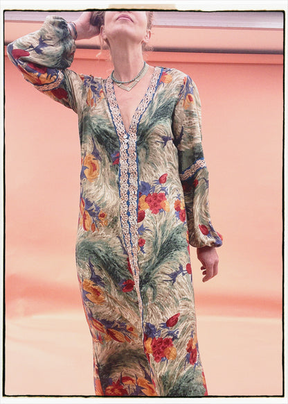 Zea Silk Crepe Kaftan Maxi Dress ~  Antique M