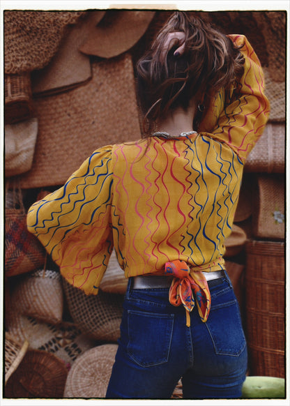 Hoya Silk Crepe Balloon Sleeve Wrap Top ~ Calendula XL