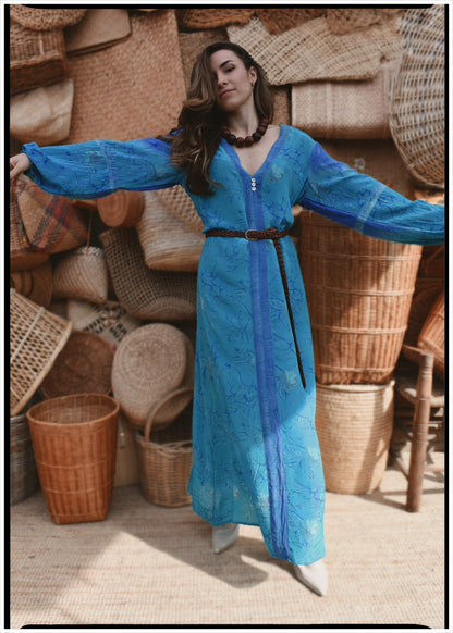 Zea Silk Crepe Kaftan Maxi Dress ~  Aquarius L