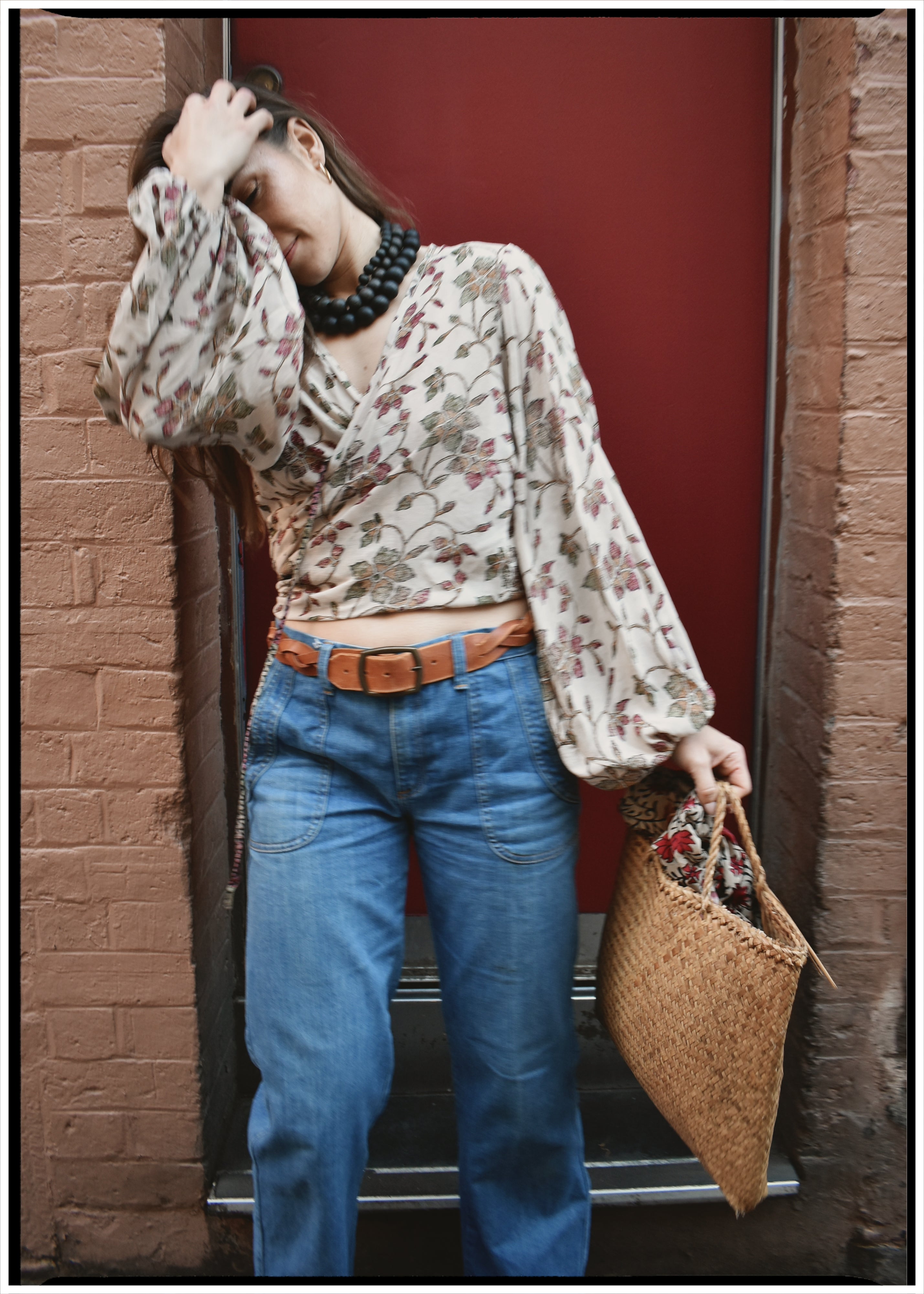 Hoya Silk Crepe Balloon Sleeve Wrap Top ~ Oyster S