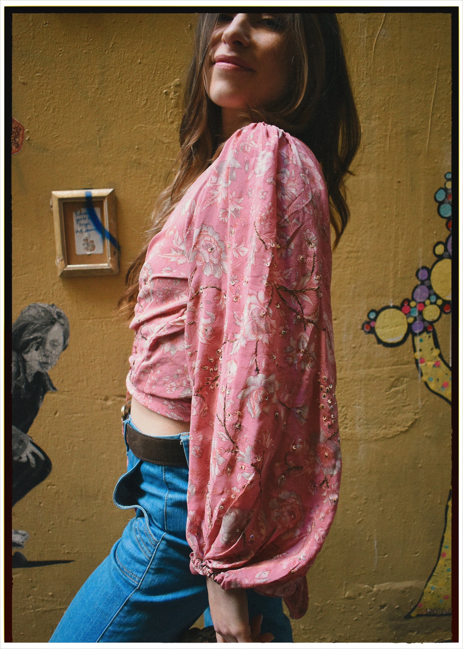 Hoya Silk Crepe Balloon Sleeve Wrap Top ~ Musk M