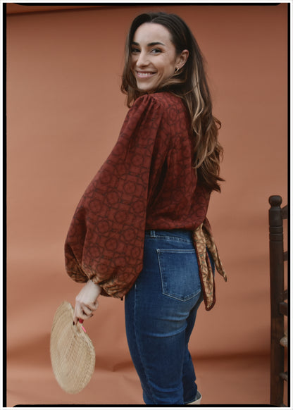 Hoya Silk Crepe Balloon Sleeve Wrap Top ~ Sequoia L