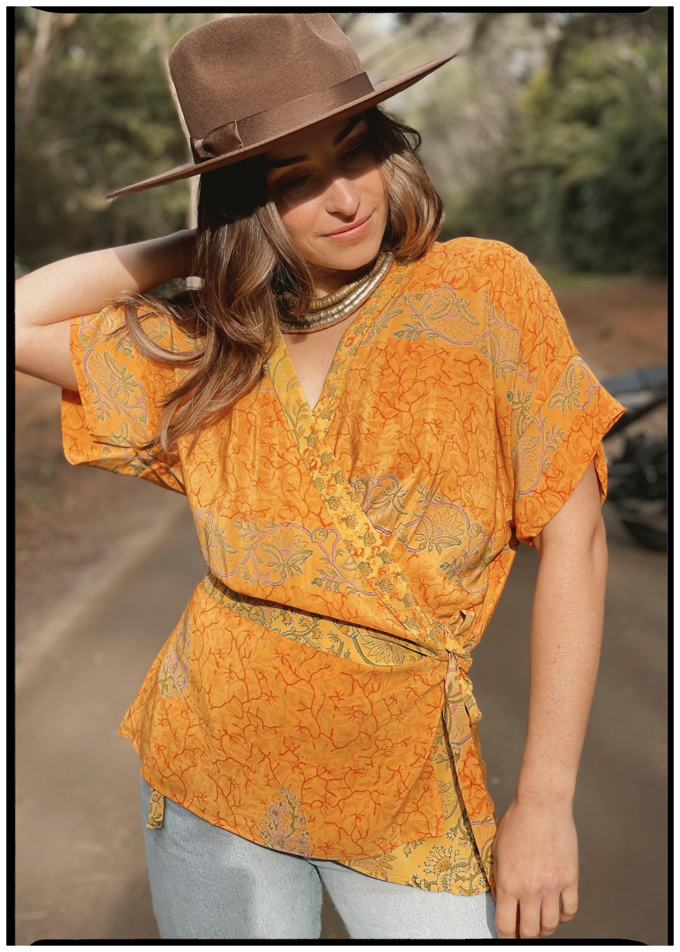Bassia Silk Crepe Cross Tie Front Blouse ~ Marigold XL