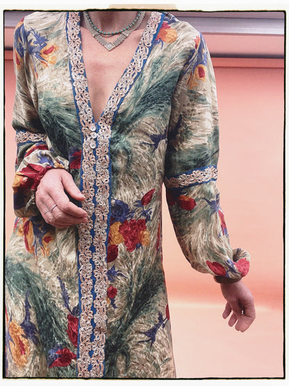 Zea Silk Crepe Kaftan Maxi Dress ~  Antique M