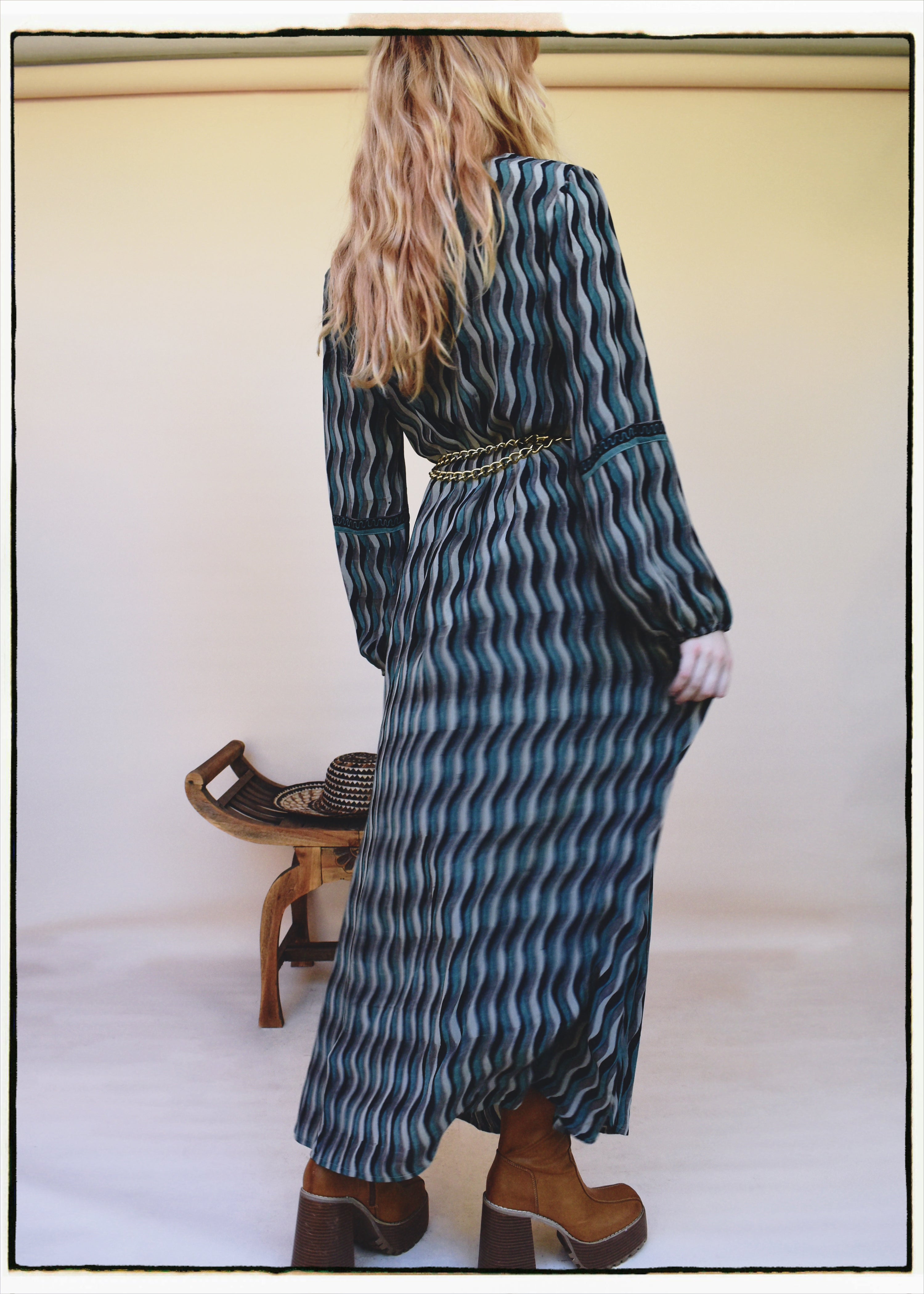 Zea Silk Crepe Kaftan Maxi Dress ~  Sea Jet XS