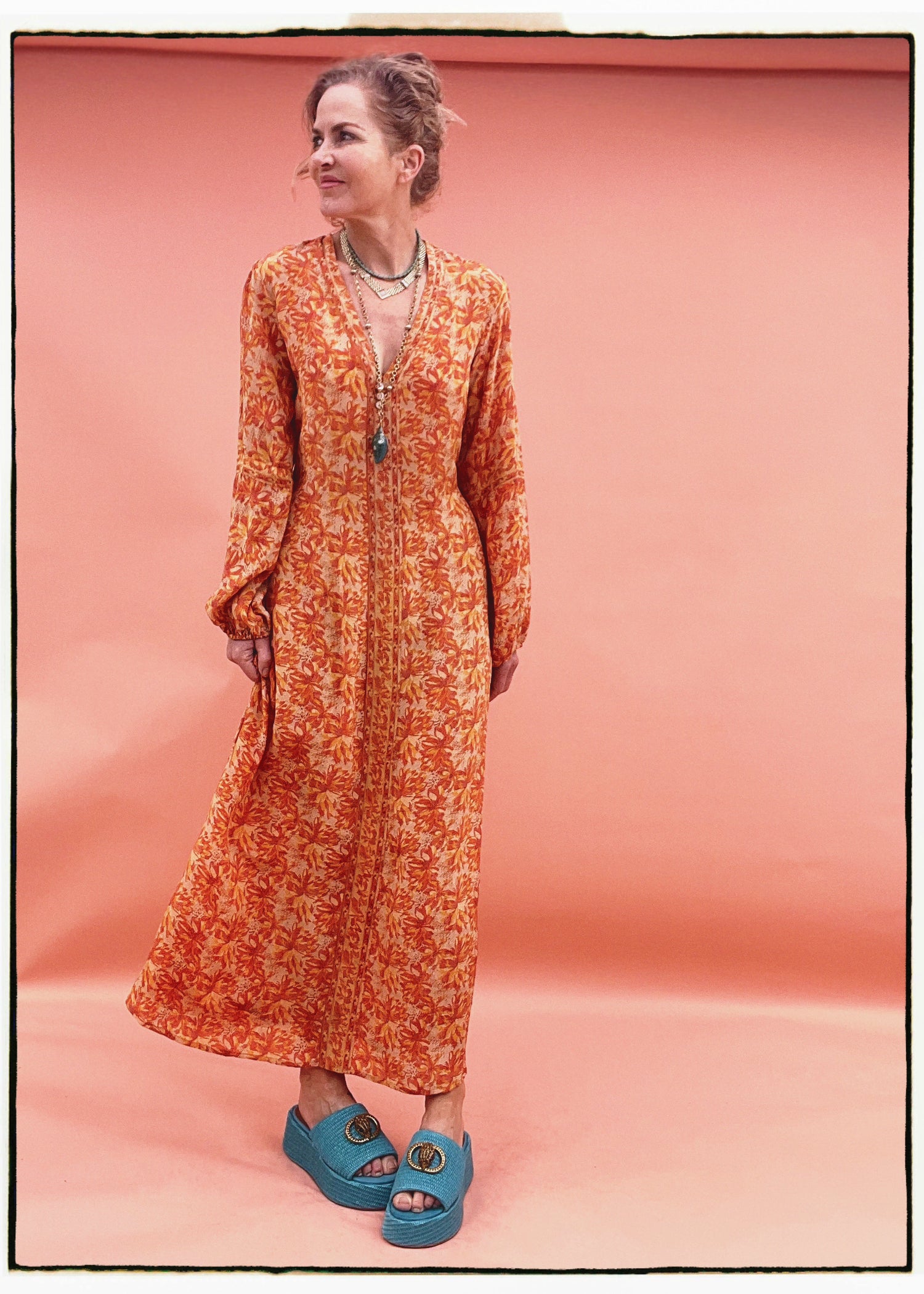 Zea Silk Crepe Kaftan Maxi Dress ~  Koi L