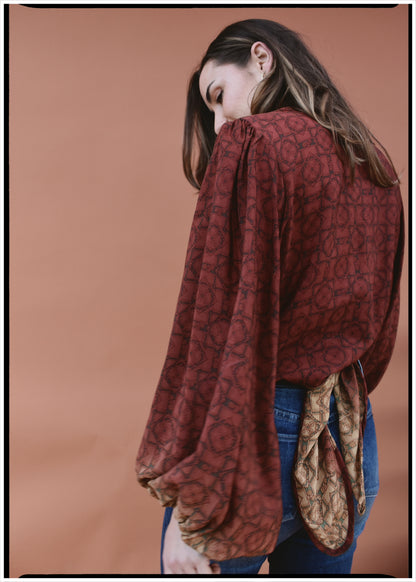 Hoya Silk Crepe Balloon Sleeve Wrap Top ~ Sequoia L