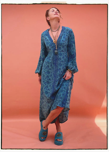 Zea Silk Crepe Kaftan Maxi Dress ~  Pacific XL