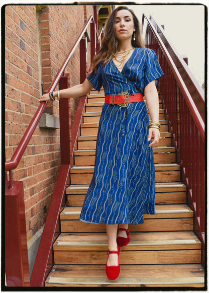 Liatris Silk Crepe Flutter Sleeve Wrap Dress ~ Saxony M
