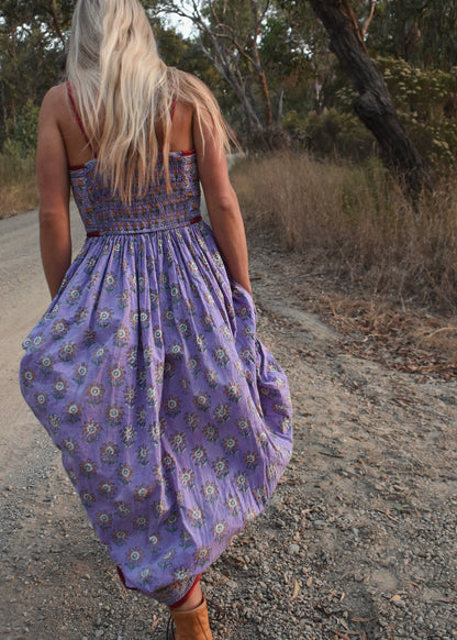 Crepe Myrtle Quilted, Block Print Dress ~ Lavender