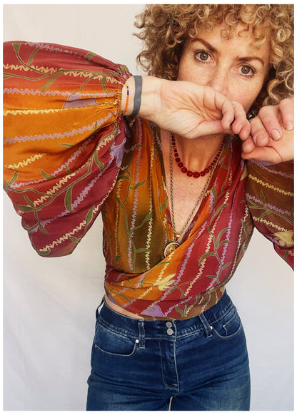 Hoya Silk Crepe Balloon Sleeve Wrap Top ~ Topaz XS