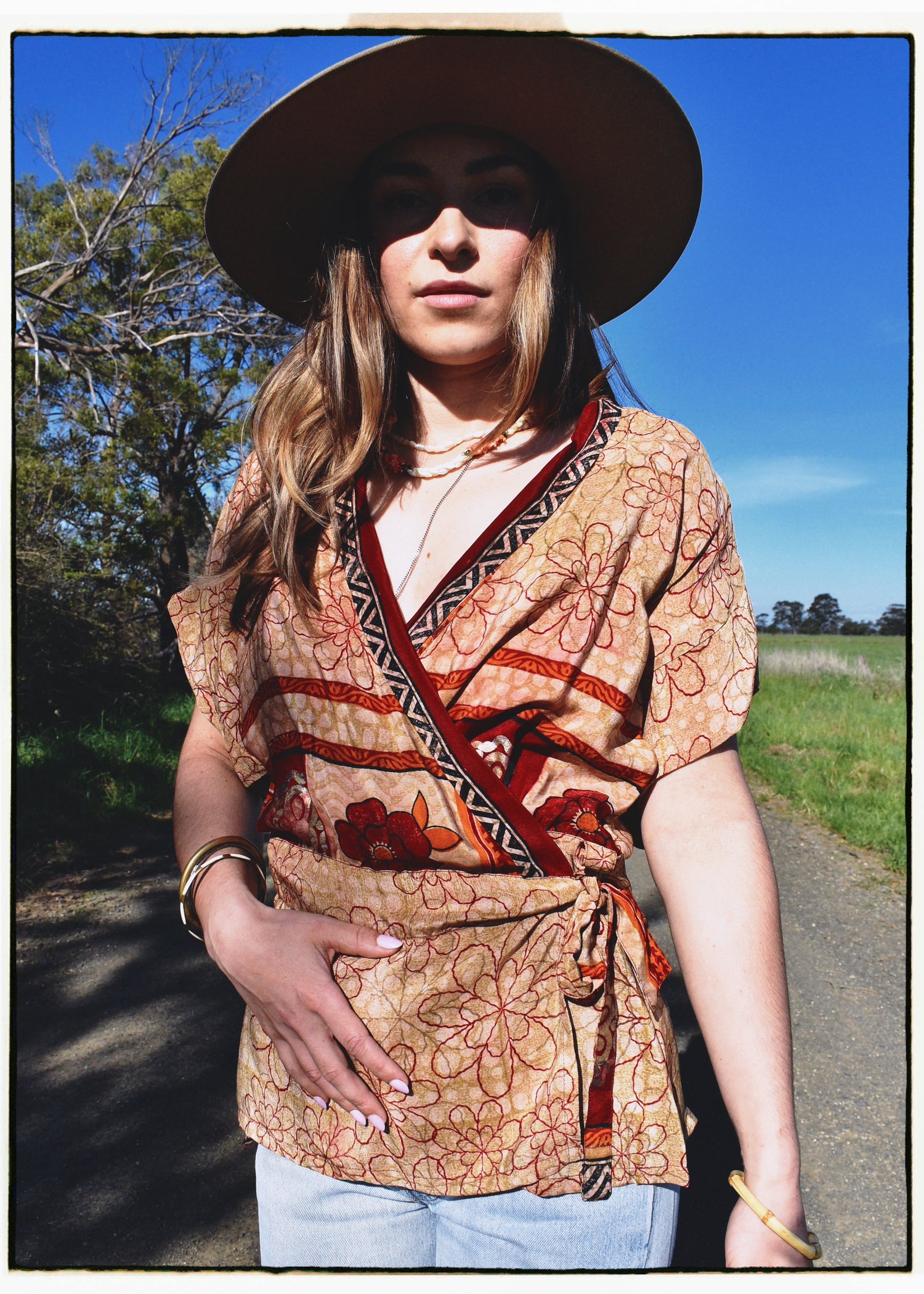 Bassia Silk Crepe Cross Tie Front Blouse ~ Picante M