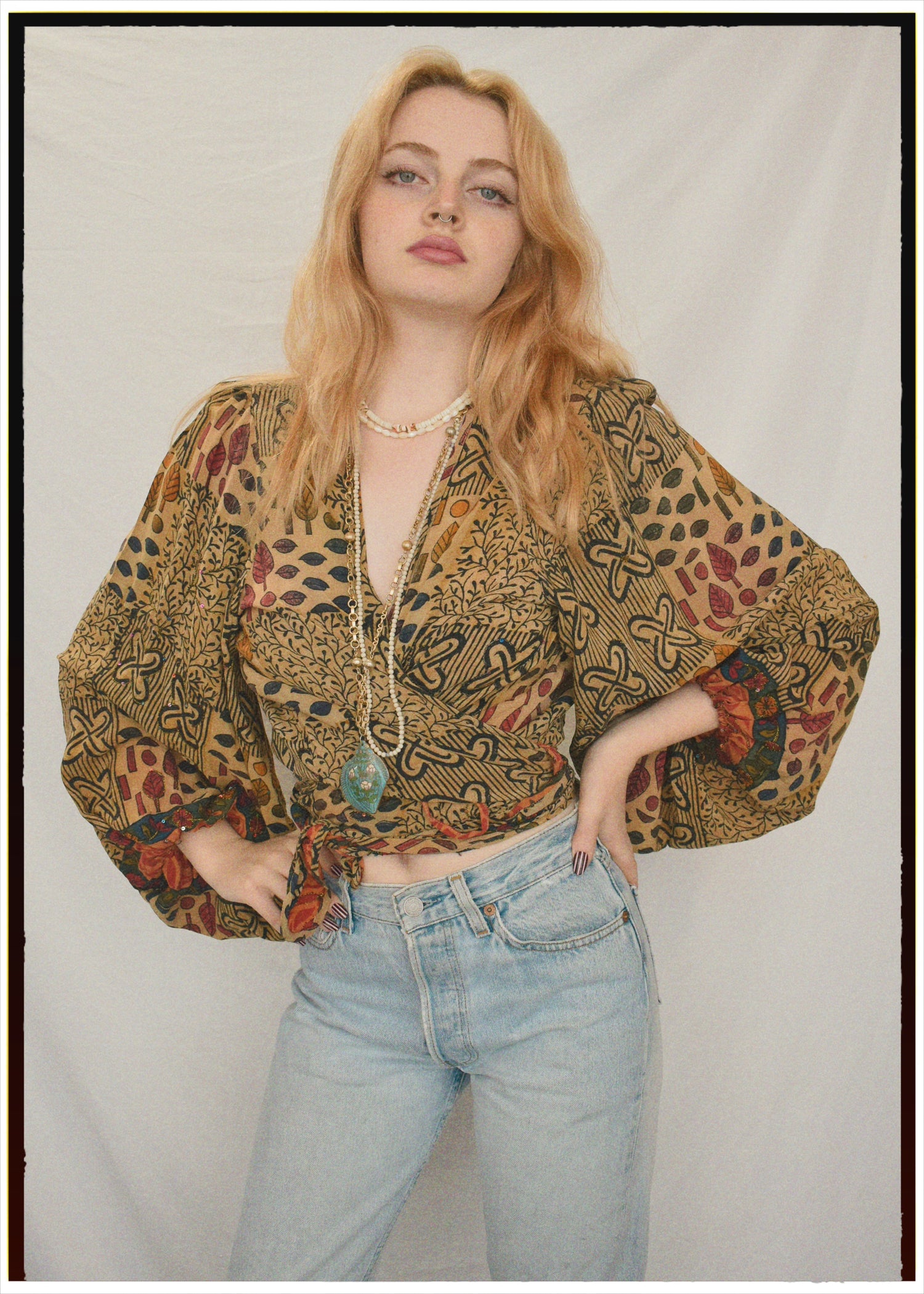 Hoya Silk Crepe Balloon Sleeve Wrap Top ~  Festival L