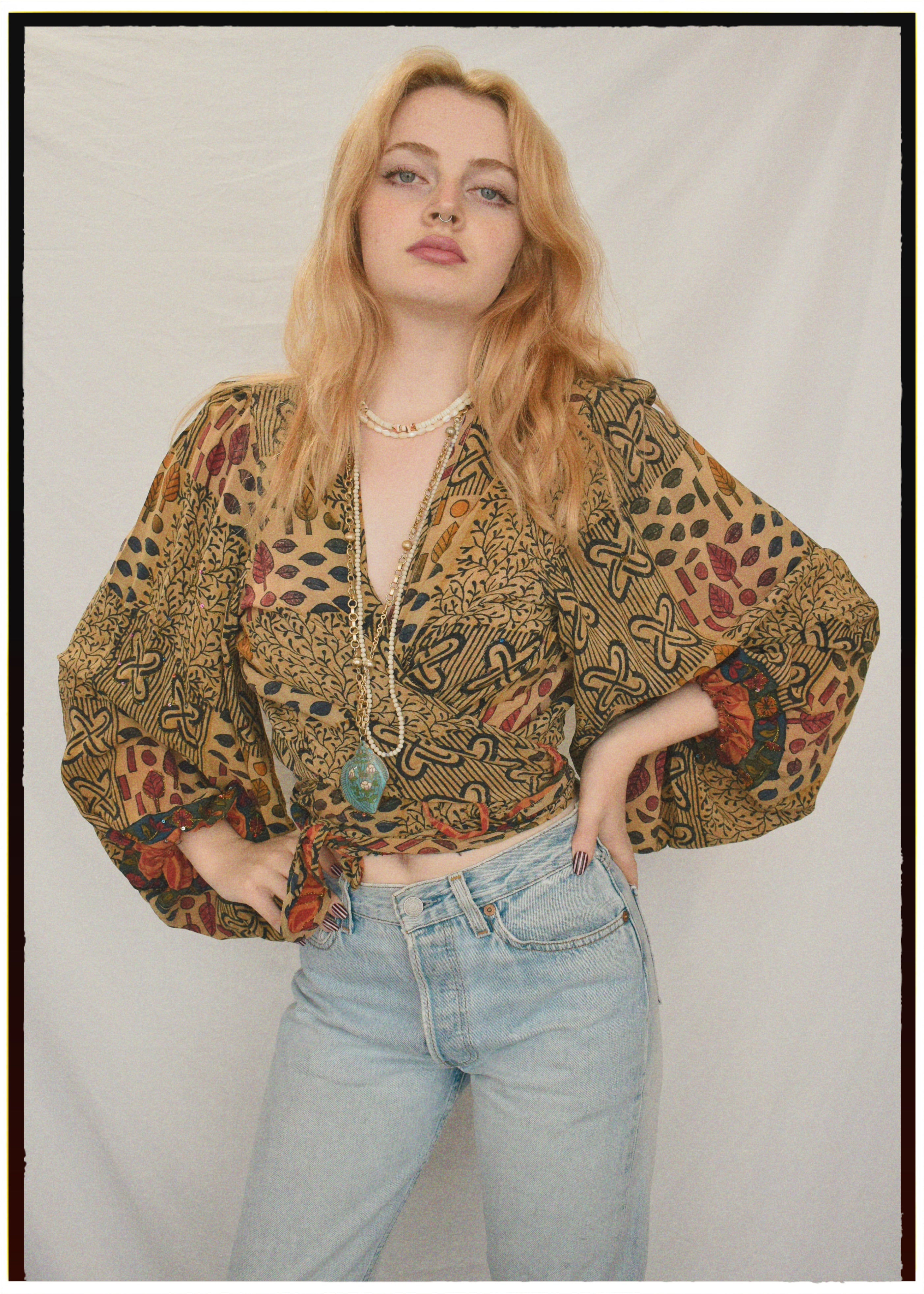 Hoya Silk Crepe Balloon Sleeve Wrap Top ~  Festival L