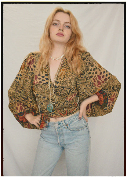 Hoya Silk Crepe Balloon Sleeve Wrap Top ~  Festival L