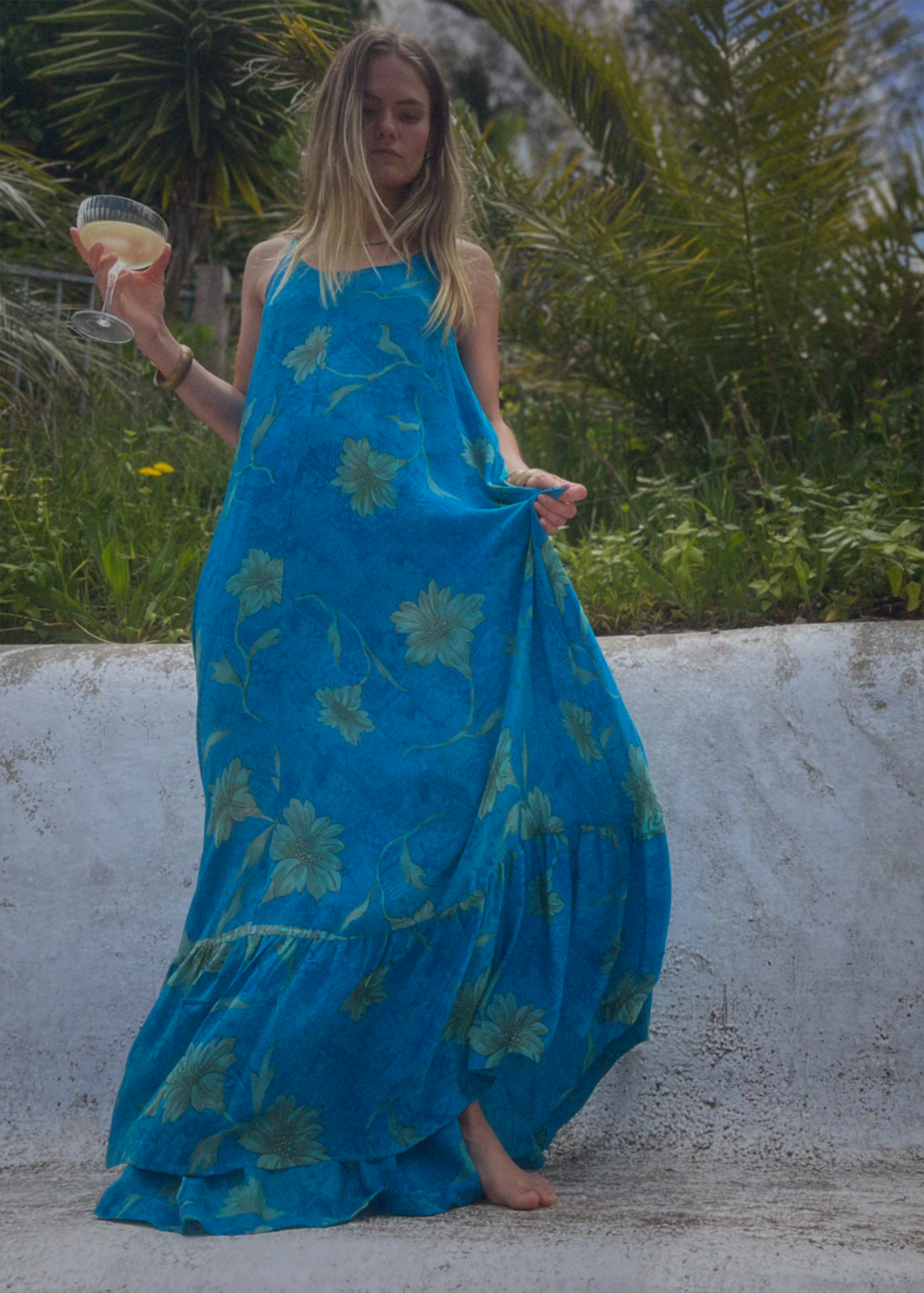 Eustoma Silk Crepe Swing Maxi Dress ~  Jewel S