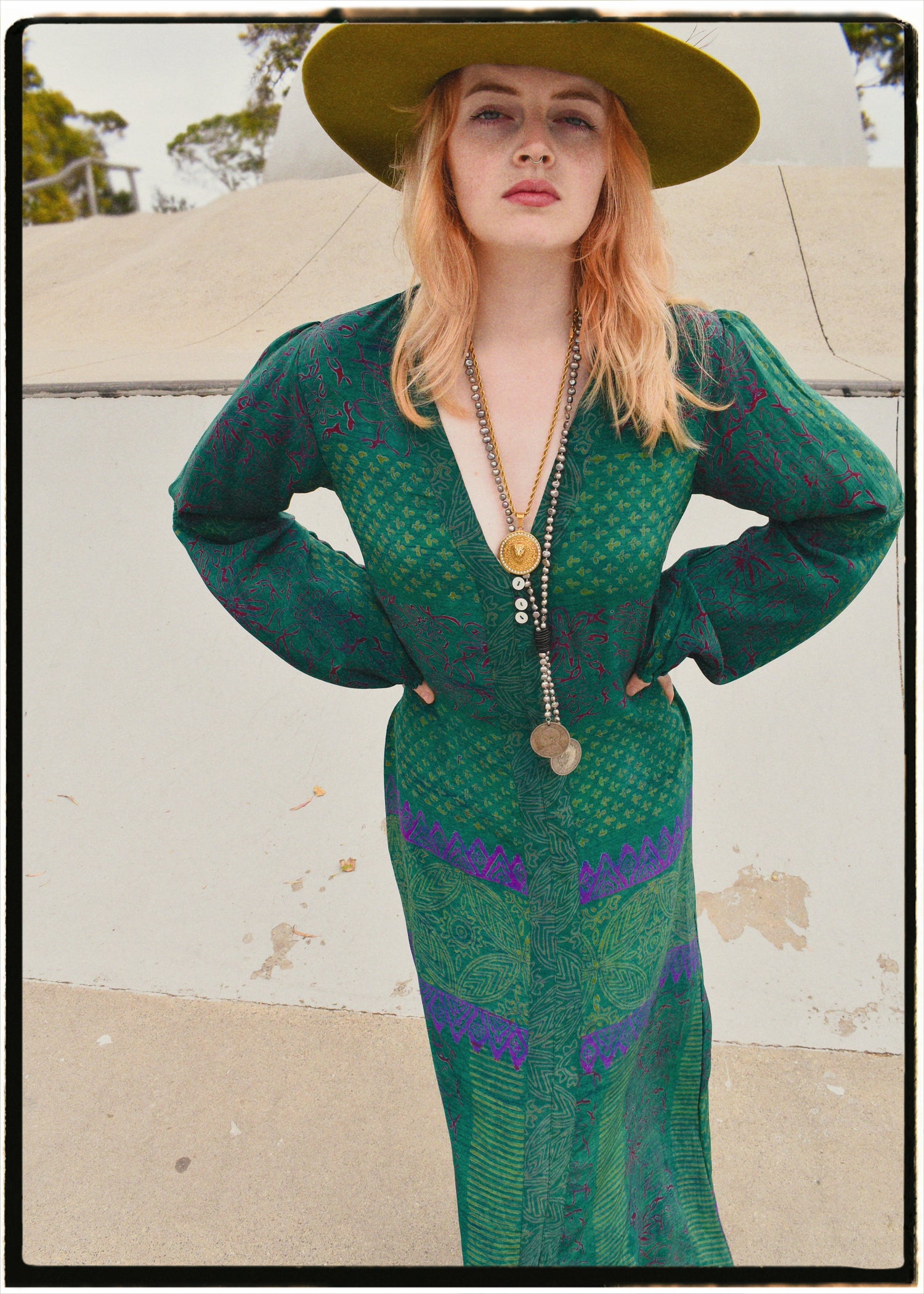 Zea Silk Crepe Kaftan Maxi Dress ~  Emerald XS