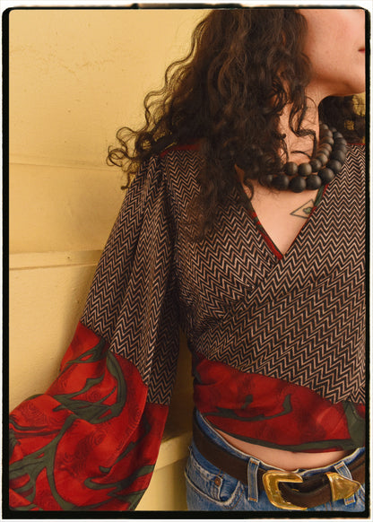 Hoya Silk Crepe Balloon Sleeve Wrap Top ~ Licorice L