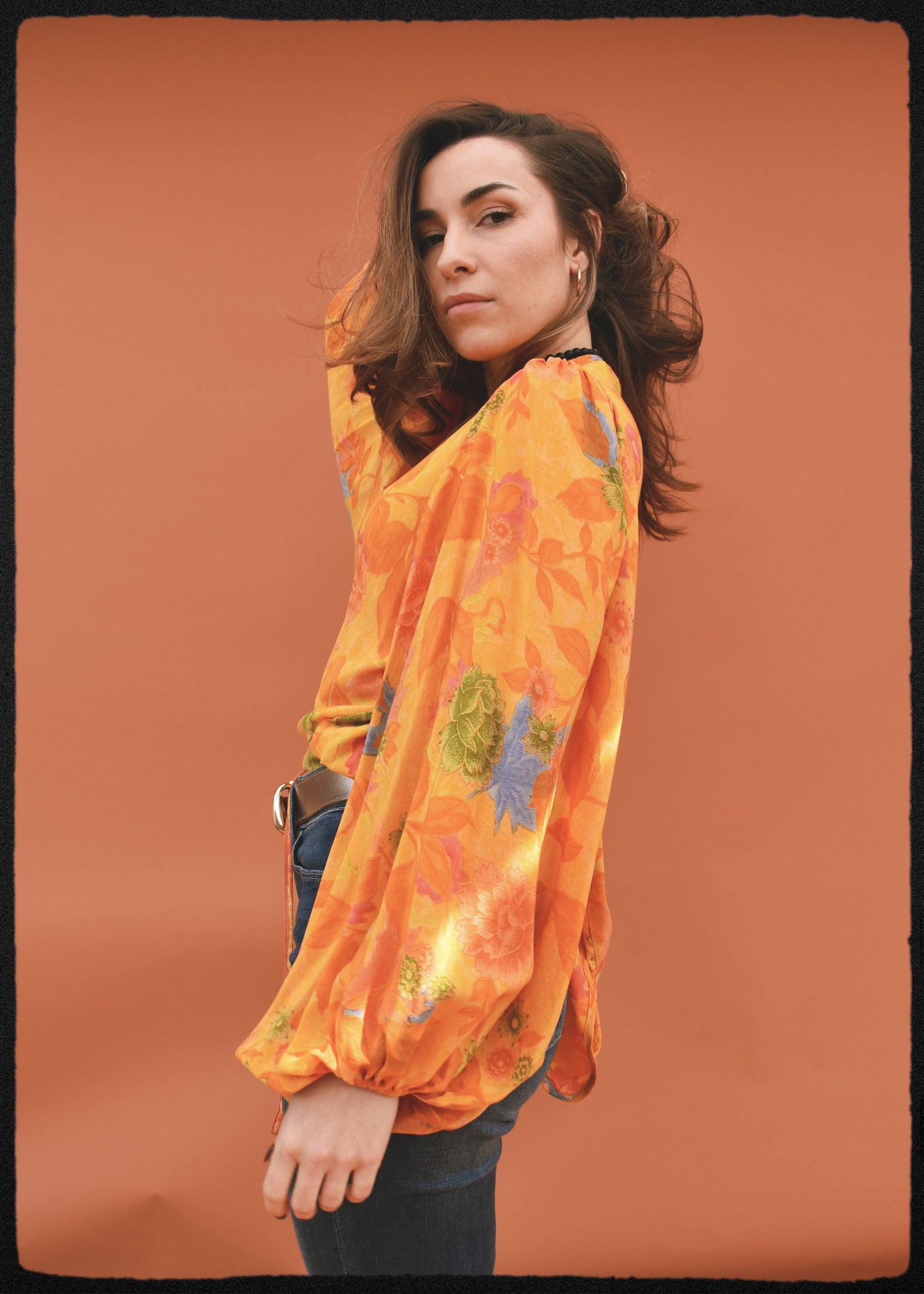 Hoya Silk Crepe Balloon Sleeve Wrap Top ~ Saffron XL