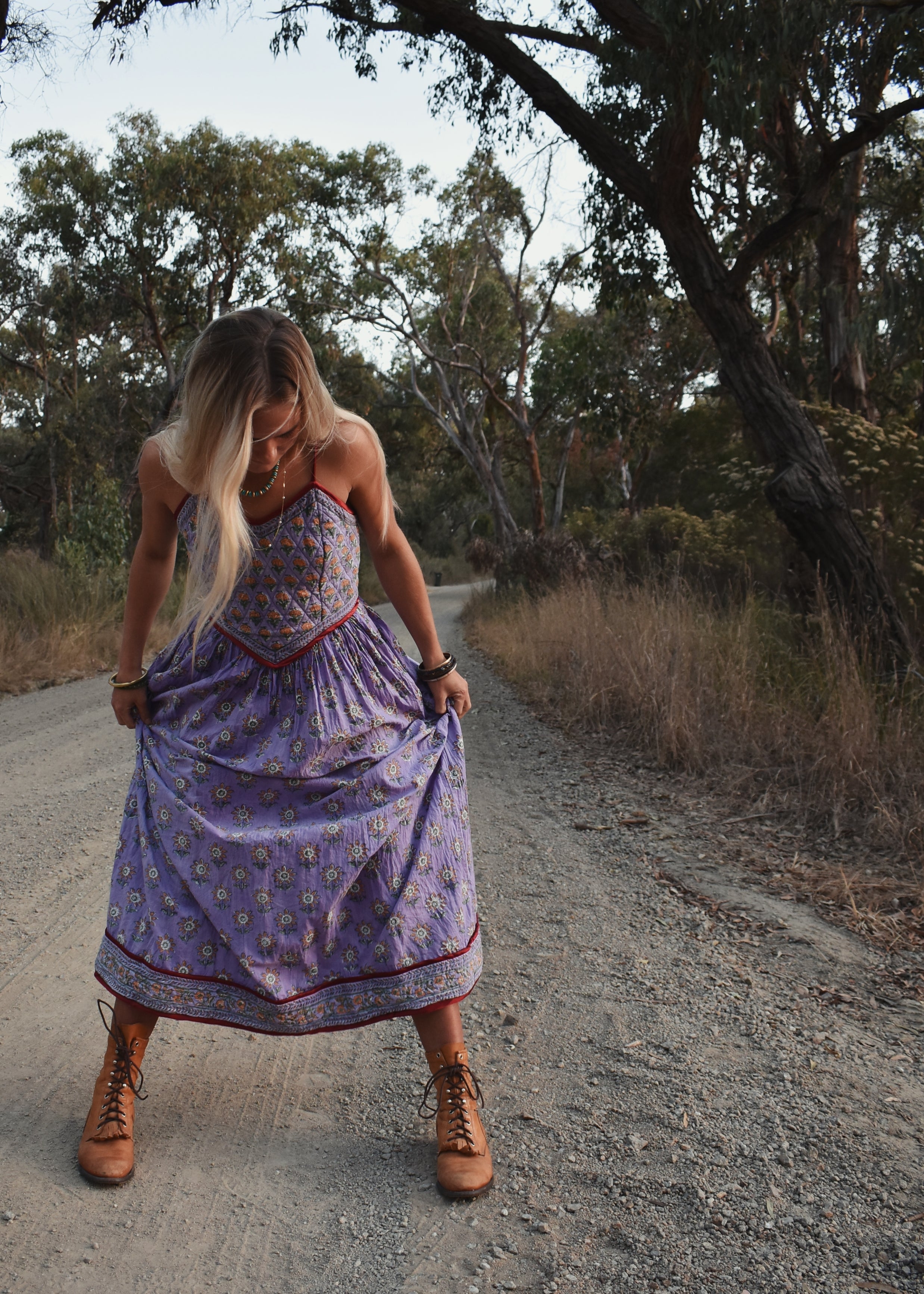 Crepe Myrtle Quilted, Block Print Dress ~ Lavender