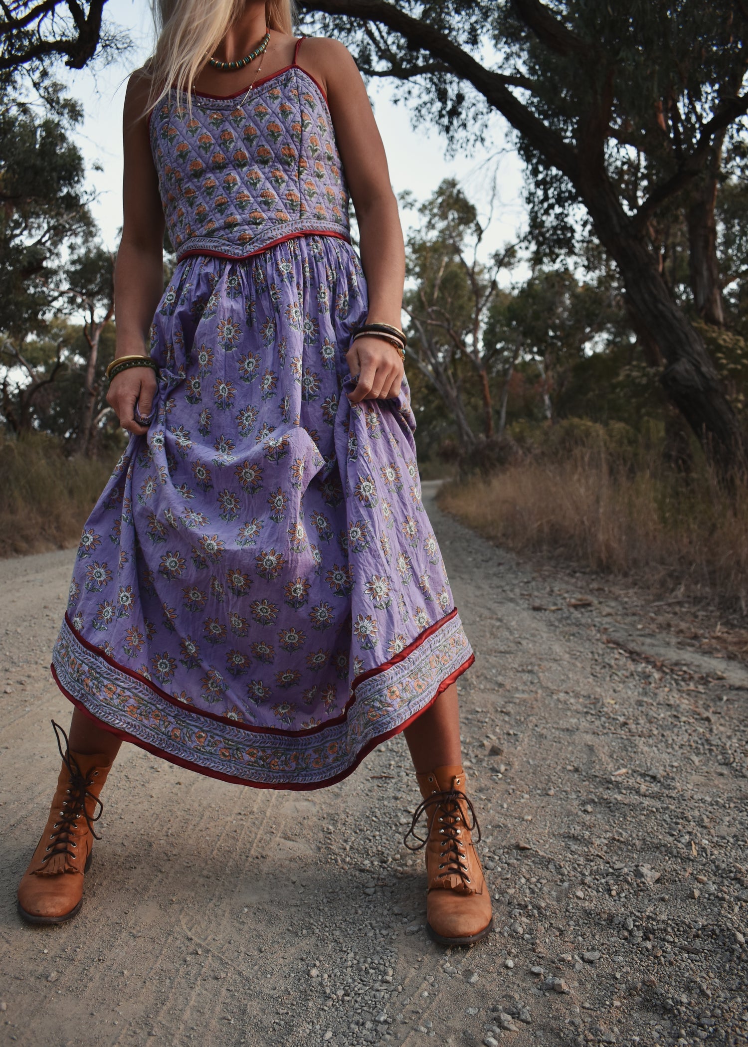 Crepe Myrtle Quilted, Block Print Dress ~ Lavender