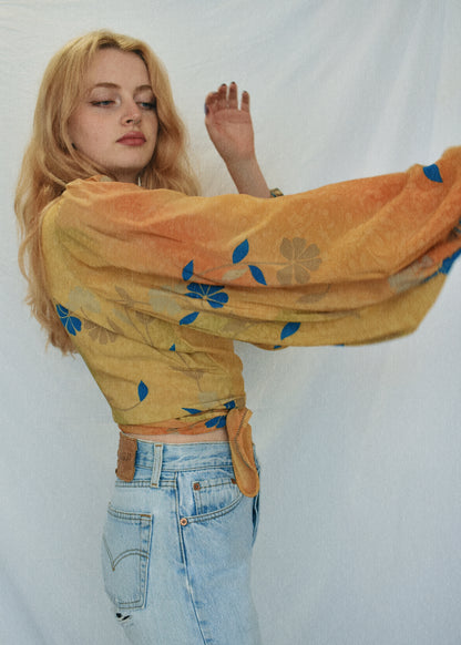 Hoya Silk Crepe Balloon Sleeve Wrap Top ~ Topaz M