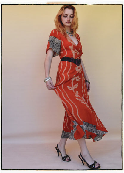 Liatris Silk Crepe Flutter Sleeve Wrap Dress ~ Tangerine S