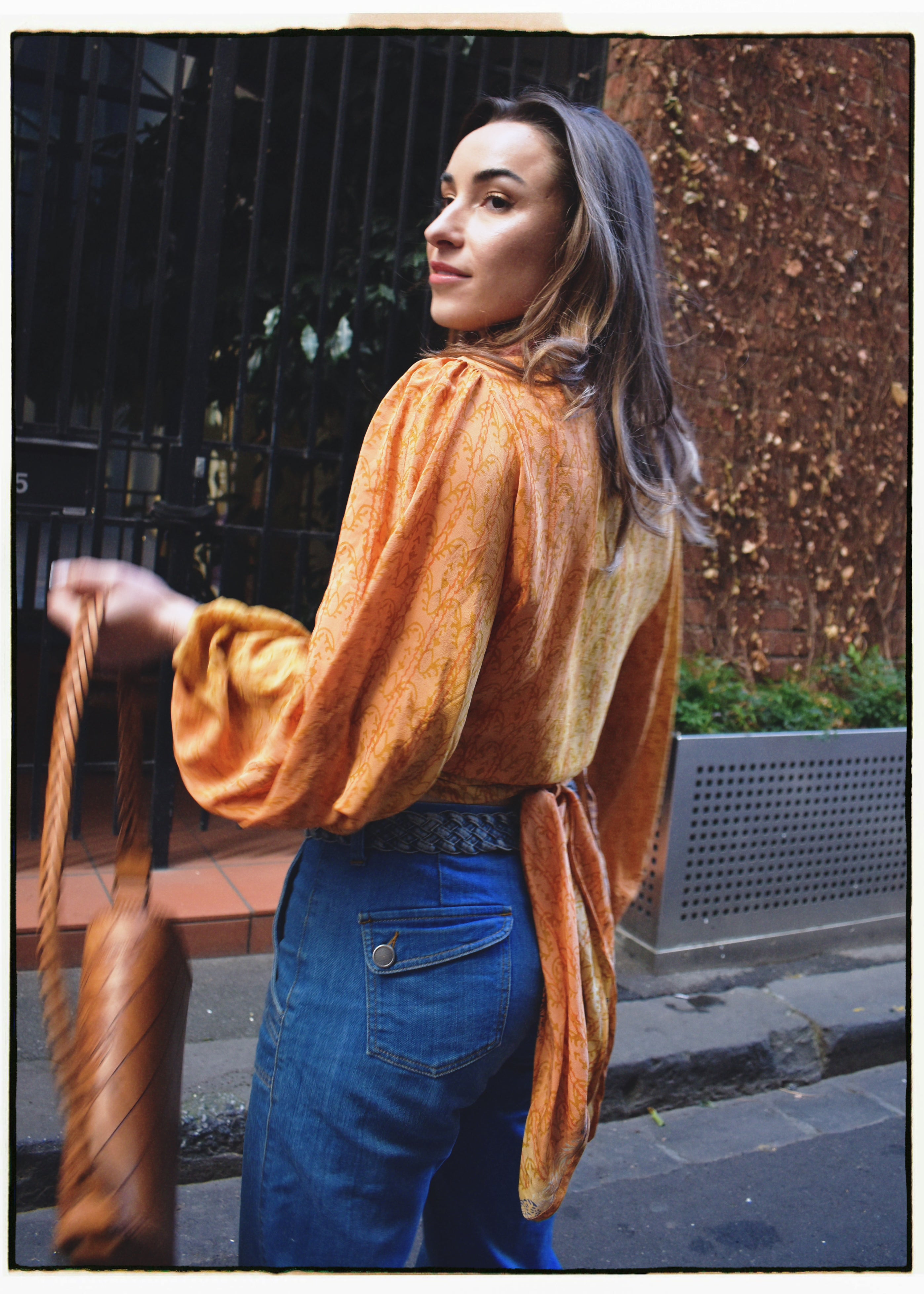 Hoya Silk Crepe Balloon Sleeve Wrap Top ~ Papaya M