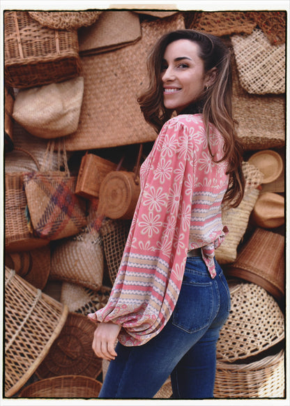 Hoya Silk Crepe Balloon Sleeve Wrap Top ~ Taos XL