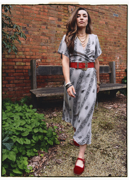 Liatris Silk Crepe Flutter Sleeve Wrap Dress ~ Nimbus M