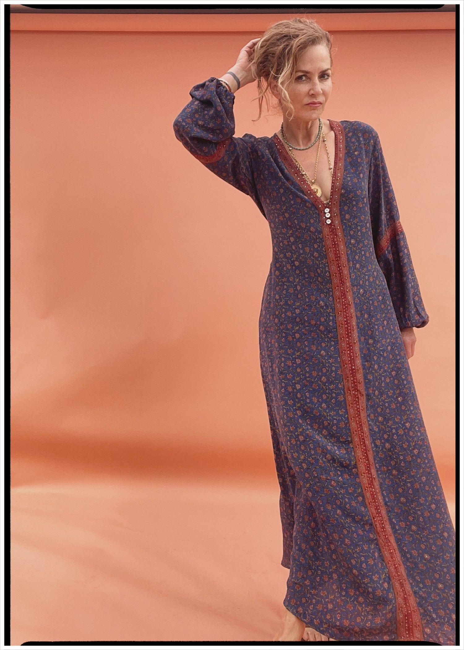 Zea Silk Crepe Kaftan Maxi Dress ~ Astral L
