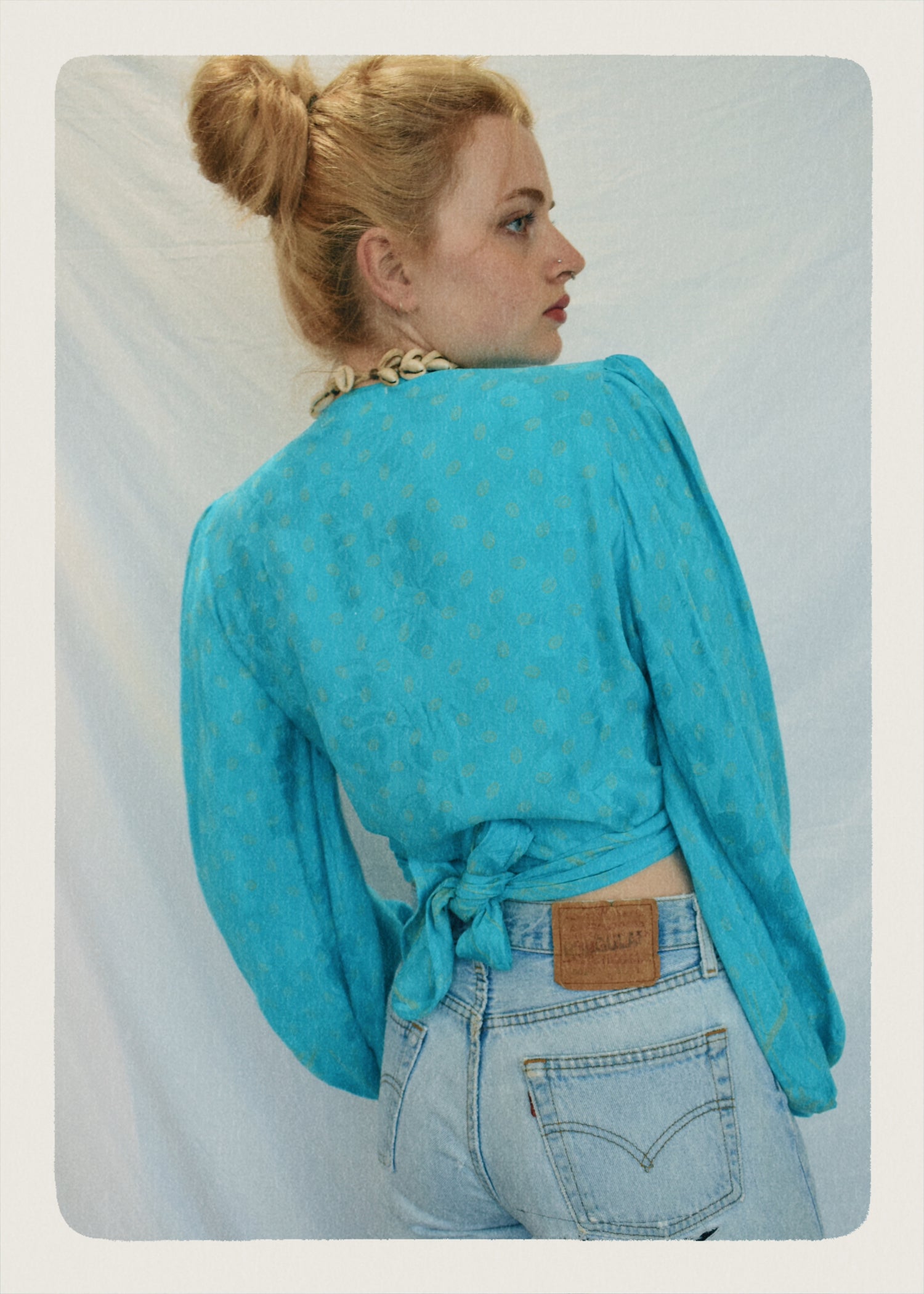 Hoya Silk Crepe Balloon Sleeve Wrap Top ~ Porcelain S