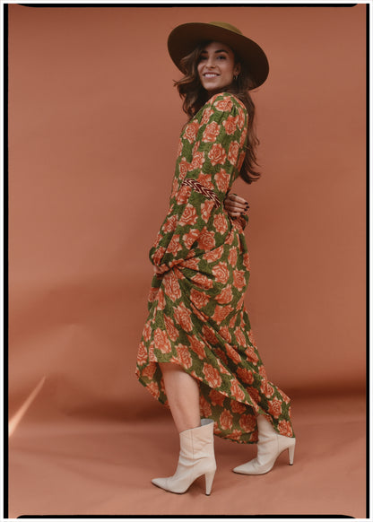 Zea Silk Crepe Kaftan Maxi Dress ~  Blossom M