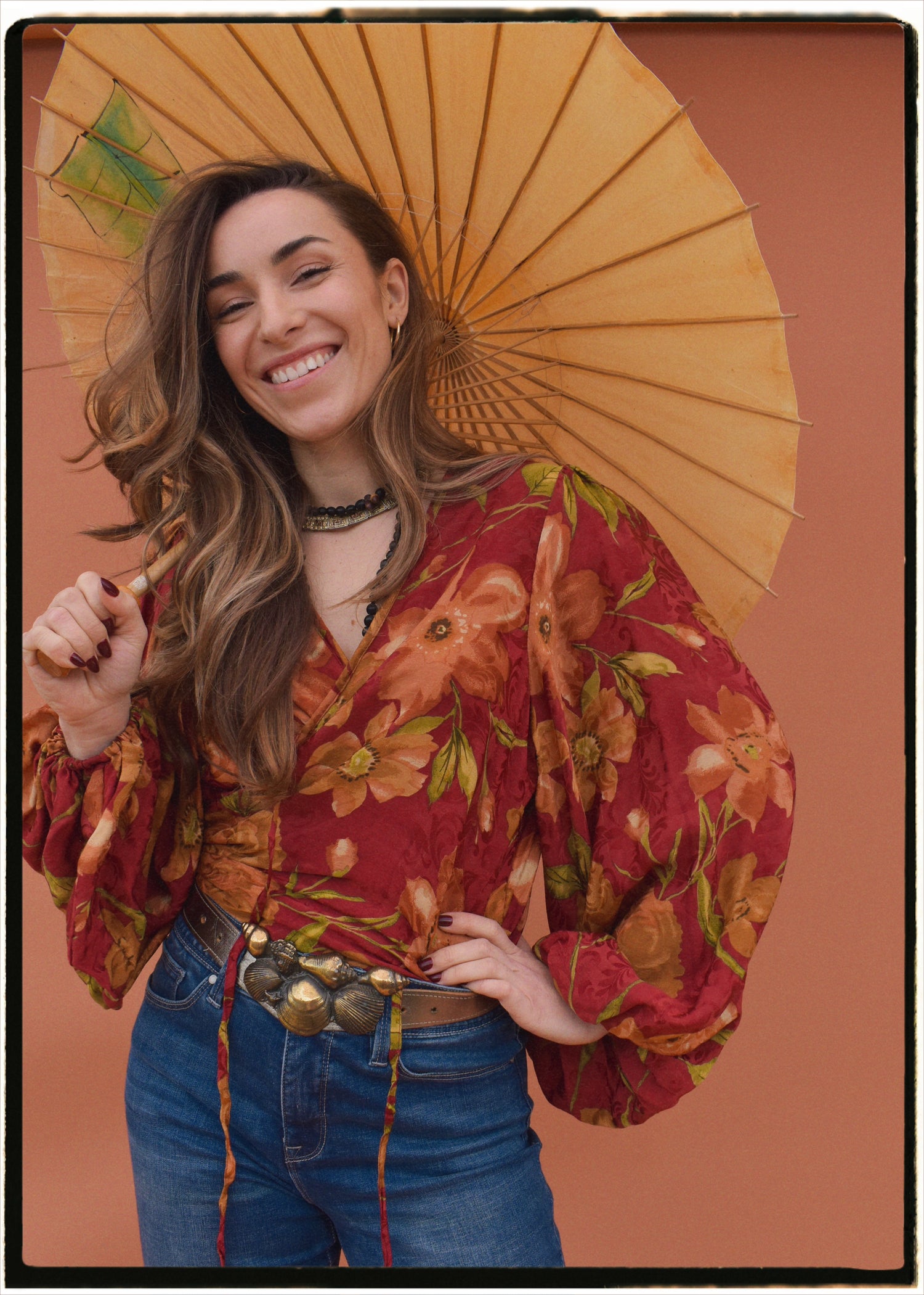 Hoya Silk Crepe Balloon Sleeve Wrap Top ~ Bloom L