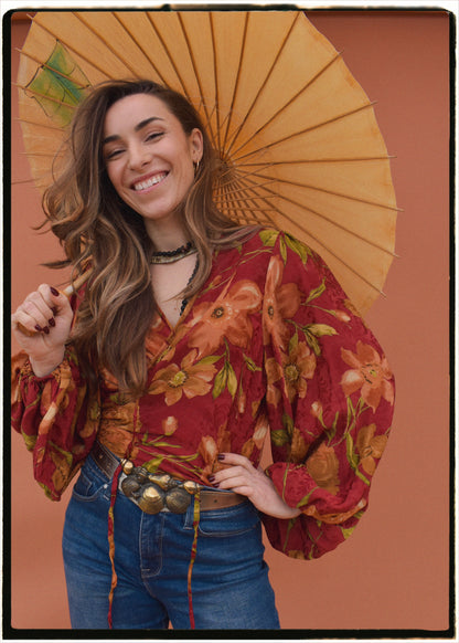 Hoya Silk Crepe Balloon Sleeve Wrap Top ~ Bloom L
