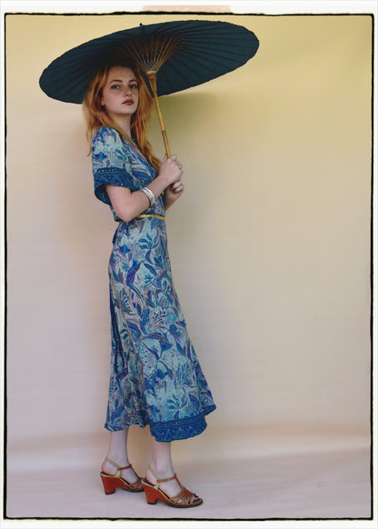 Liatris Silk Crepe Flutter Sleeve Wrap Dress ~ Skyride S