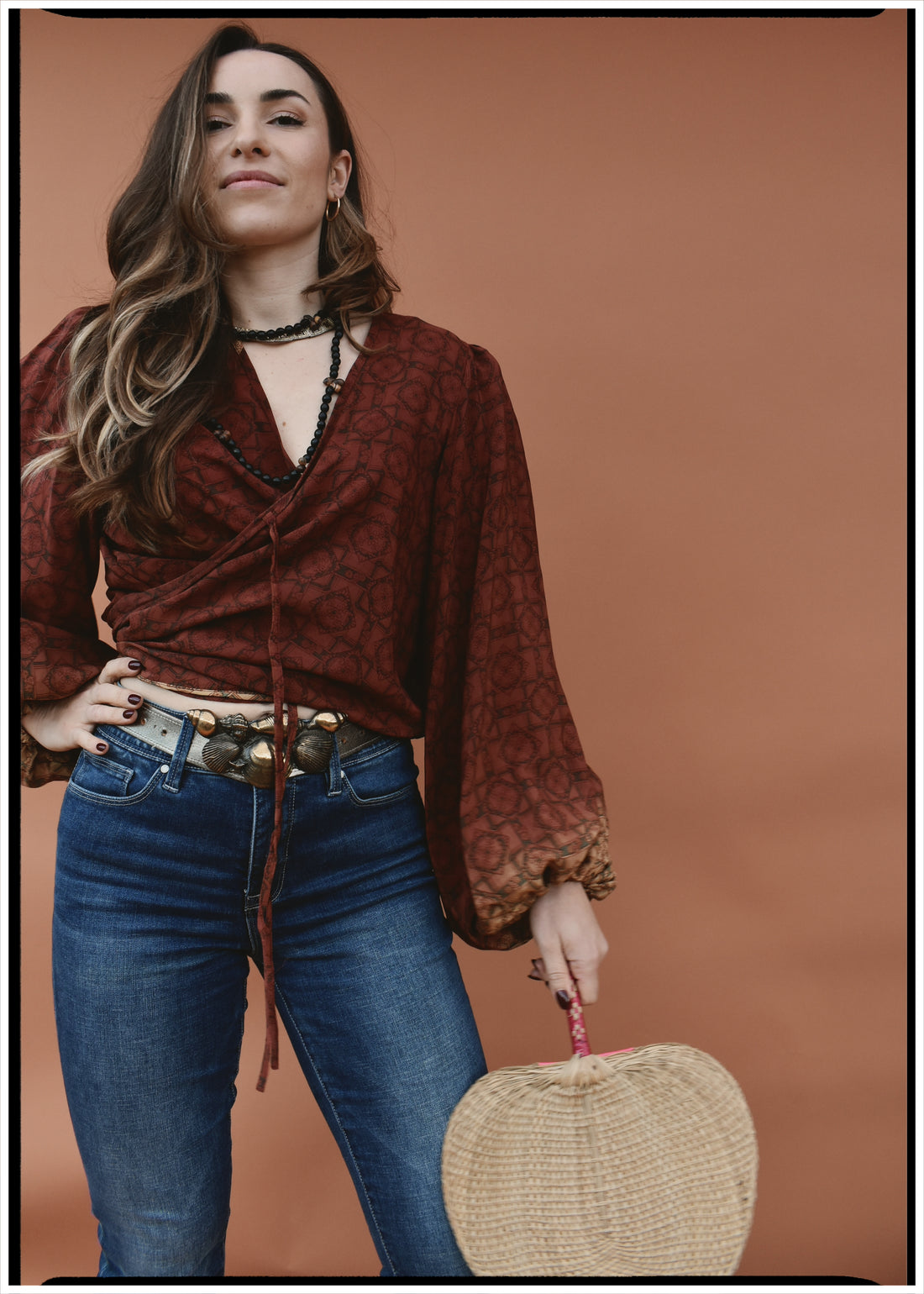 Hoya Silk Crepe Balloon Sleeve Wrap Top ~ Sequoia L