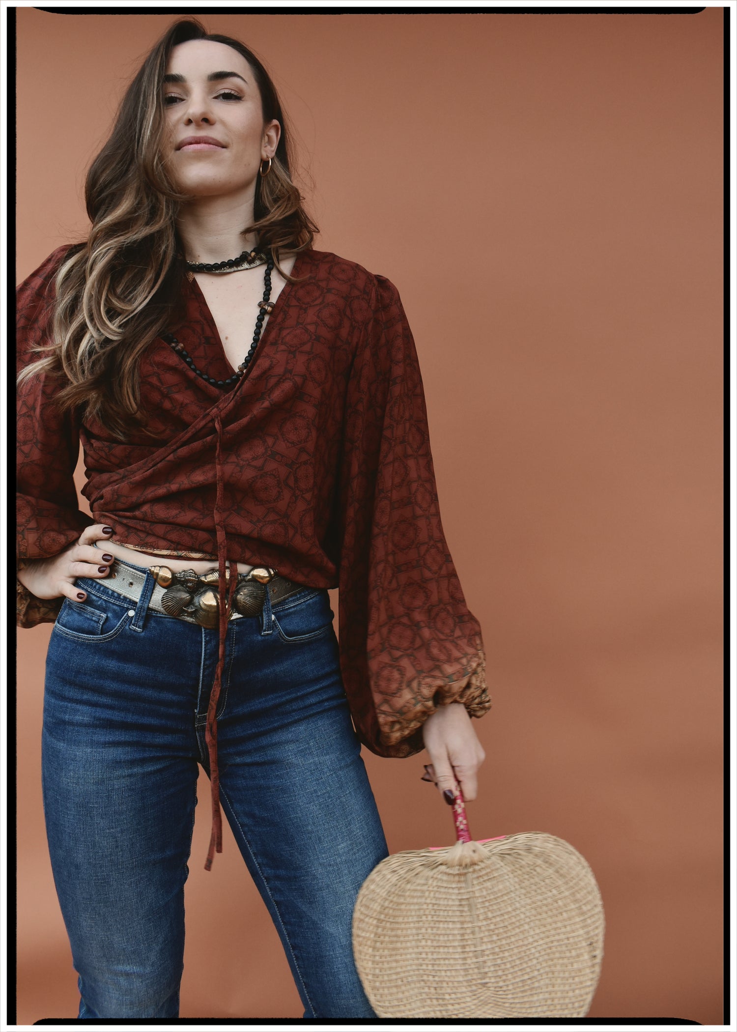 Hoya Silk Crepe Balloon Sleeve Wrap Top ~ Sequoia L
