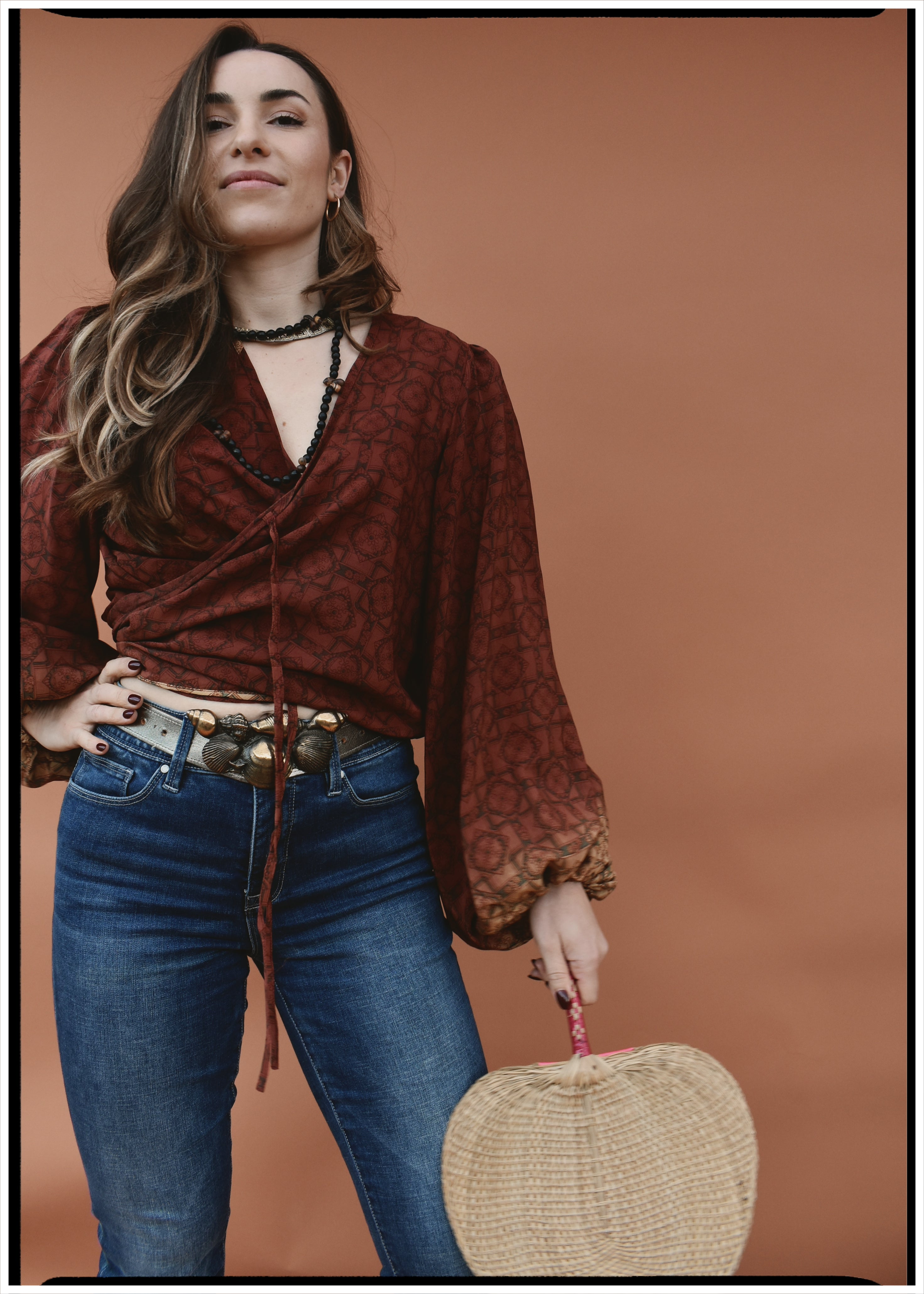 Hoya Silk Crepe Balloon Sleeve Wrap Top ~ Sequoia L