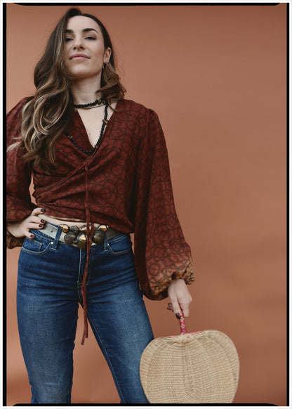 Hoya Silk Crepe Balloon Sleeve Wrap Top ~ Sequoia L