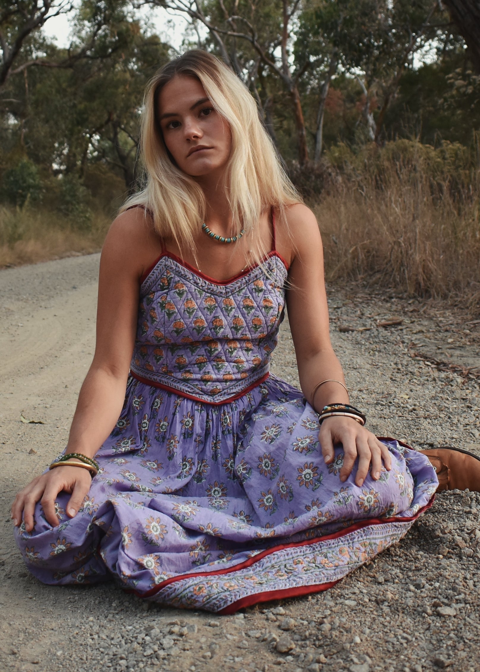 Crepe Myrtle Quilted, Block Print Dress ~ Lavender