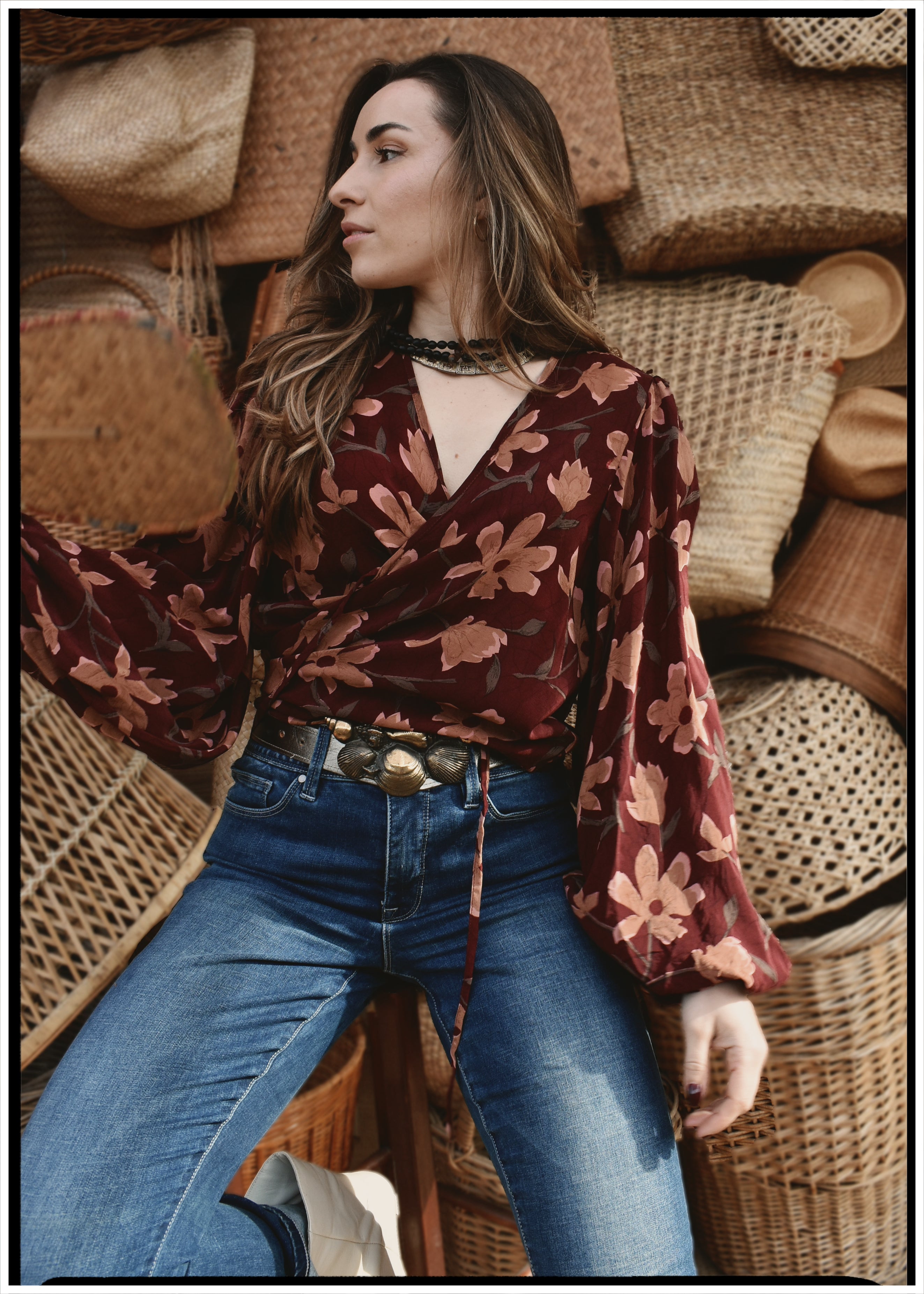 Hoya Silk Crepe Balloon Sleeve Wrap Top ~ Daphne L