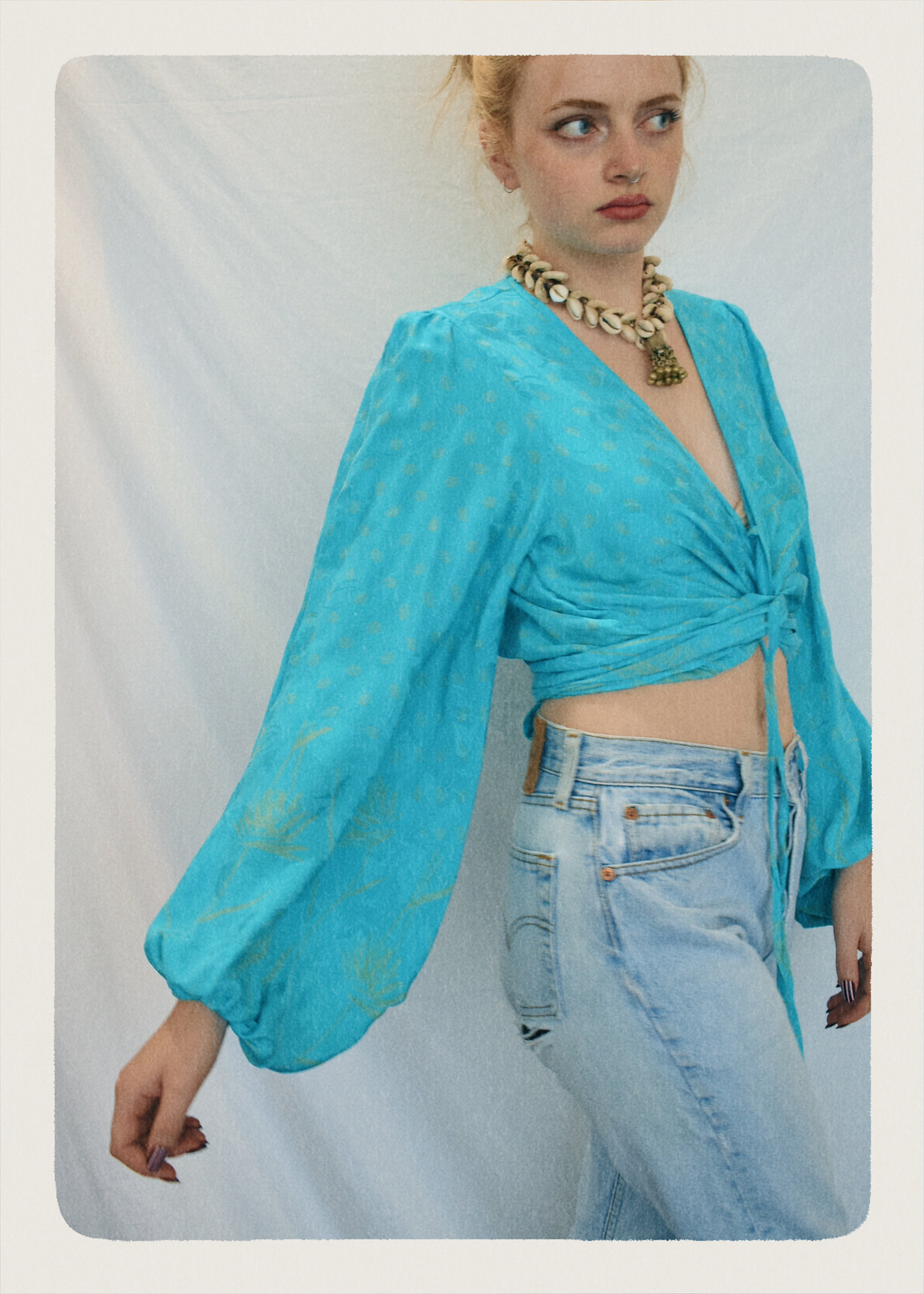 Hoya Silk Crepe Balloon Sleeve Wrap Top ~ Porcelain S