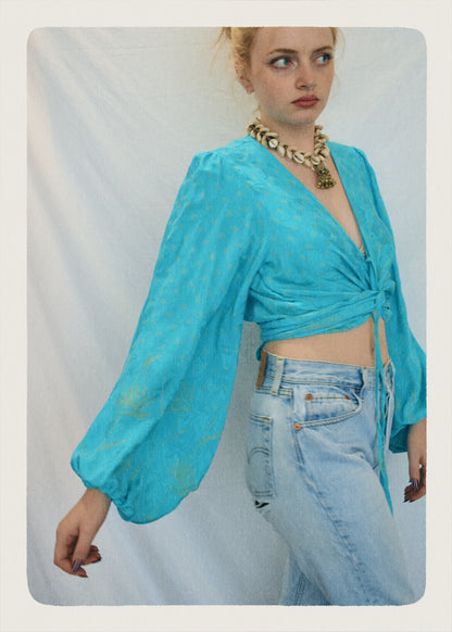 Hoya Silk Crepe Balloon Sleeve Wrap Top ~ Porcelain S